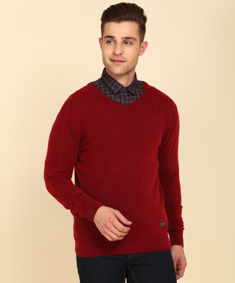 PETER ENGLAND Self Design V Neck Casual Men Maroon Sweater