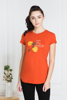 VAN HEUSEN Printed Women Round Neck Orange T-Shirt