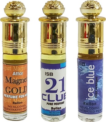 INDRA SUGANDH Combo Pack~Free a 30Ml Perfume Spray on Combo (MAGNET GOLD, 21 CLUB, ICE BLUE) PERFUME FOR MEN LONG LASTING FRAGRANCE 24 HOURS Long Lasting Fragrance Floral Attar(Floral)