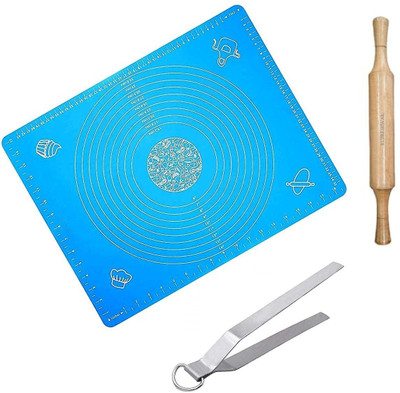 RUDRESHWAR Roti Chapati Rolling Baking Sheet Mat With Wooden Rolling Pin And Tong / Chimta Food-grade Silicone Baking Mat(Pack of 3)
