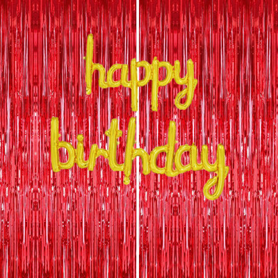 FLICK IN 2 Pcs Red Tinsel Foil Fringe Curtain Backdrops Party Streamers and 1 Cursive Golden Happy Birthday Foil Balloons Reusable Banner for Birthdays Decor/Decoration Celebration (Pack of 3)(Set of 15)