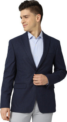 PETER ENGLAND Checkered Single Breasted Formal Men Blazer(Dark Blue)