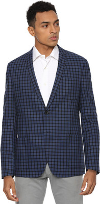 VAN HEUSEN Checkered Single Breasted Formal Men Blazer(Dark Blue)