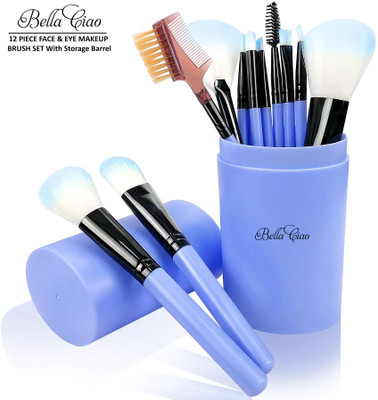 Bella Ciao Professional 12 Piece Face and Eye Makeup Brush Set With Storage Barrel - Blue(Pack of 12)