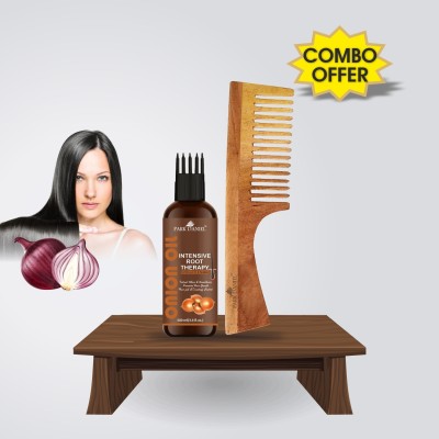 PARK DANIEL Premium Onion Intensive Root Therapy Hair OiL (100 ml) & Natural & Ecofriendly Handmade Neem Wooden Dressing Handle Comb(7.5 inches) 1 Pc - Pack of 2 Item(2 Items in the set)