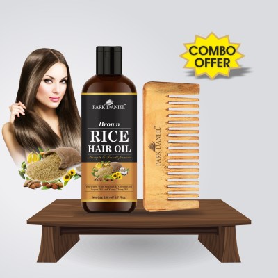PARK DANIEL Premium Brown Rice Hair Oil (200ml) & Handmade Medium Detangler Neem Wooden Comb(5.5 inches) 1 Pc - Pack of 2 Item(2 Items in the set)