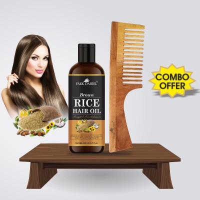 PARK DANIEL Premium Brown Rice Hair Oil (200ml) & Natural & Ecofriendly Handmade Neem Wooden Dressing Handle Comb(7.5 inches) 1 Pc - Pack of 2 Item(2 Items in the set)