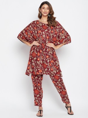 Natty Women Floral Print Maroon Top & Pyjama Set