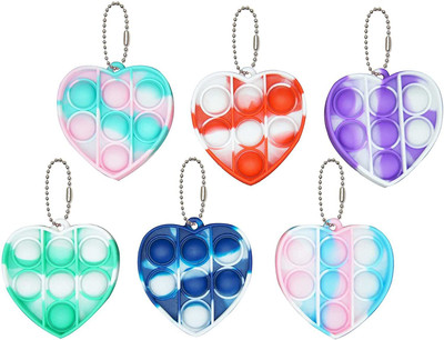 WHITE POPCORN 6Pcs Mini Push Pop Bubble Fidget Toy Keychain, Silicone Simple Squeeze Sensory Toys, Stress Anxiety Relief Toys for Kids and Adults-Heart Key Chain