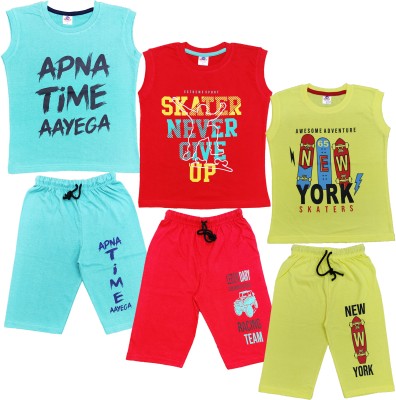 crazyon Boys Casual T-shirt Three Fourth Pant(Multicolor)