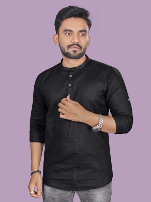 allan peter Men Solid Straight Kurta(Black)