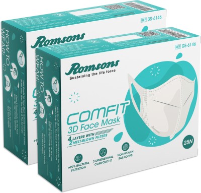 Romsons Comfit 3D 4 Layers Face Mask with 2 Melt-Blown Filter & Softest Ear Loops, 25 Pcs/Pack, (Pack of 2) 50 pcs ORC3DFM2502 Surgical Mask With Melt Blown Fabric Layer(White, Free Size, Pack of 2, 4 Ply)