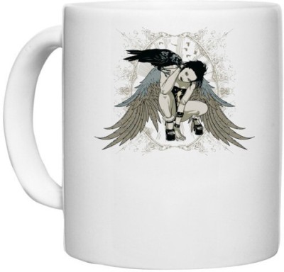 UDNAG White Ceramic Coffee / Tea 'Death | Crow and fairy queen' Perfect for Gifting [330ml] Ceramic Coffee Mug(330 ml)