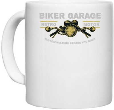 UDNAG White Ceramic Coffee / Tea 'Bike garrage and retro motor' Perfect for Gifting [330ml] Ceramic Coffee Mug(330 ml)