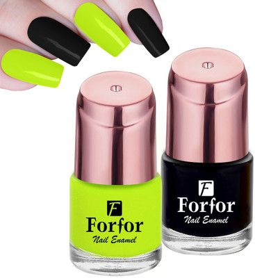 FORFOR Perfect Stay Glossy Nail Polish Combo of 2 Matte Neon Green , Glossy Black(Pack of 2)