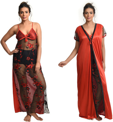 Fetify Women Nighty with Robe(Black, Red)