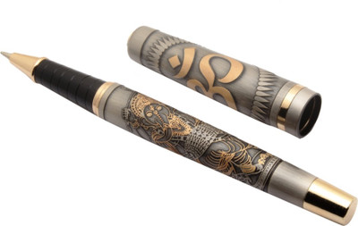 Ledos Dancing Lord Ganesha Edition Ballpoint Pen Silver Grey Body With Golden Trims Ball Pen(Ink Color - Blue)