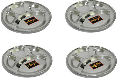 Sonanshi Stainless Steel Round Plate - 4 Partition Divided, Dinner, Lunch, Bhojan Thali Plates Dinner Plate(Pack of 4)