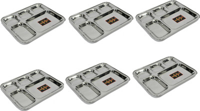 Sonanshi Stainless Steel Bhojan Thali/Lunch/Dinner Plate 5 in 1 Compartments Dinner Plate(Pack of 6, Microwave Safe)