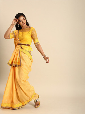 Sangria Solid/Plain Bollywood Silk Blend Saree(Yellow)
