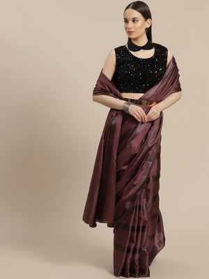 ANOUK Striped Bollywood Silk Blend Saree(Brown)