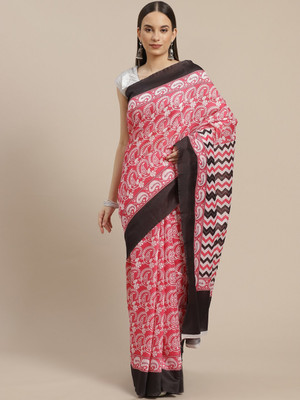 ANOUK Paisley Chanderi Cotton Blend Saree(White, Pink, Black)