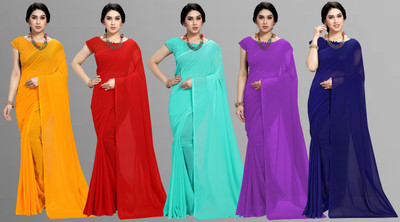 Anand Sarees Solid/Plain Bollywood Georgette Saree(Pack of 5, Multicolor)