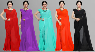 kashvi sarees Solid/Plain Daily Wear Georgette Saree(Pack of 5, Multicolor)
