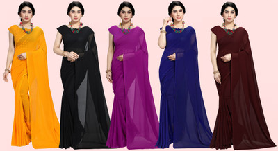 Anand Sarees Solid/Plain Bollywood Georgette Saree(Pack of 5, Multicolor)