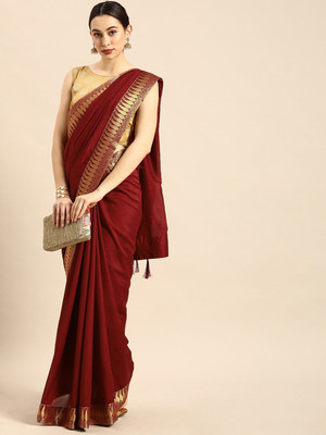 ANOUK Solid/Plain Jamdani Cotton Blend Saree(Maroon)