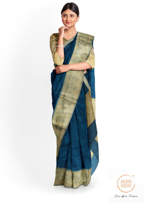 AKAYA KASHI Solid/Plain Handloom Linen Saree(Blue)