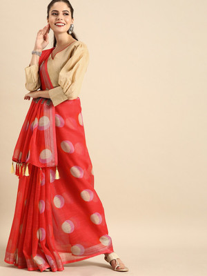 Sangria Printed Daily Wear Linen Saree(Red)