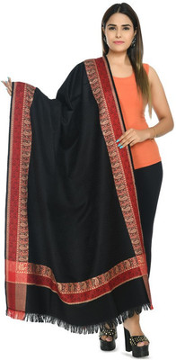 manra Wool Solid, Printed Women Shawl(Black)