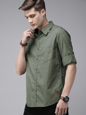 Roadster Men Printed Casual Dark Green Shirt