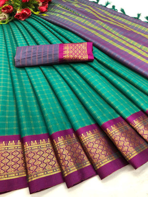 SARKIT Embroidered, Woven, Checkered Banarasi Cotton Blend, Cotton Silk Saree(Light Green)