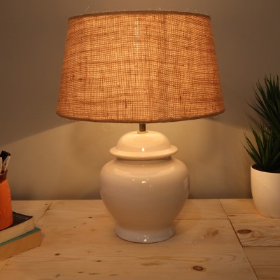 Homesake Ceramic Pot Shaped Base White Table Lamp with Jute Shade, LED Bulb Table Lamp(40 cm, Jute)