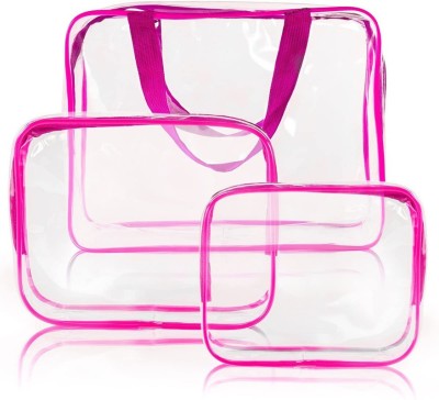 Sturdy International 3Pcs Clear Cosmetic Bag Air Travel Plastic Toiletry Pouch, Water Resistant Packing Cubes with Zipper Closure and Carrying Handle for Women Baby Men, Make-up Brush Case Beach Pool Spa Gym Bags Hot Pink Makeup Vanity Box(Pink)