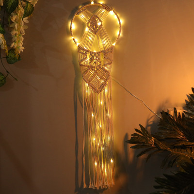 Homesake Macrame Wall Hanging Dream Catcher with String Light, Large Handmade Crochet Decor for Bedroom, Home Decor for Apartment Living Room Bedroom Baby Nursery Dorm(Beige, Yellow)