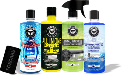 FOXCARE Total interior cleaner, All in one polish + sealant, Windshield washer liquid, Foam blaster - auto wash shampoo, 1- Sponge applicator Combo FOXCARE Total interior cleaner, All in one polish + sealant, Windshield washer liquid, Foam blaster - auto wash shampoo, 1- Sponge applicator Combo