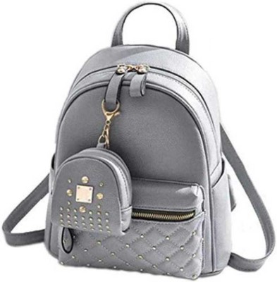 PIJUMART Women’s Girls Fashion PU Leather Mini Casual Backpack Bags For School, College, Tuition, office With Small Pocket Keychain (Grey) 6 L Backpack(Grey)