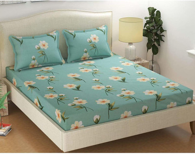 Decent Home 144 TC Microfiber Queen Floral Fitted (Elastic) Bedsheet(Pack of 1, Green)