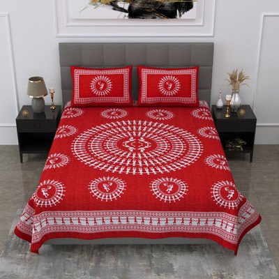 HNG 280 TC Cotton Double Jaipuri Prints Flat Bedsheet(Pack of 1, Red)