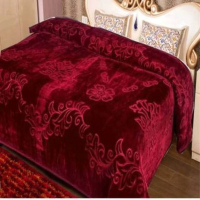 HELGA Floral Double Mink Blanket for  AC Room(Woollen Blend, Maroon)