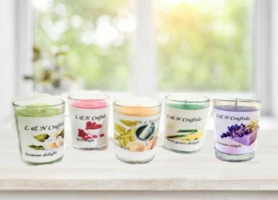 L & N Craftilo Scented votive Glass candles - Rose, Lavender, Sandal, Lemon grass, Jasmine Fragranced Candle(Green, Pink, Brown, Green, Purple, Pack of 5)
