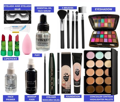 INWISH makeup kit combo pack box set of 20 daily use makeup products with Foundation,Eyelash,Eyelash Glue,Eyeliner,Mascara,Kajal,Essential Oil Face Serum,Makeup Fixer,Makeup Primer,3 Lipsticks,Makeup Pallete,18 colors Eyeshdow,Puff,5 Piece Makeup Brush(20 Items in the set)