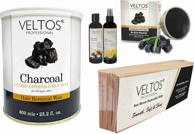 Veltos PROFESSIONAL FACE AND BODY CHARCOAL HYDRO LIPOSOLUBLE WAX 800ML AND CHARCOAL FACIAL PEEL OFF KATORI WAX 80GM AND COTTON MILK PRE-WAX GEL 100ML AND LEMON AFTER WAX LOTION 100ML AND STRIPS PACK WAXING KIT COMBO Wax(1200 g, Set of 5)