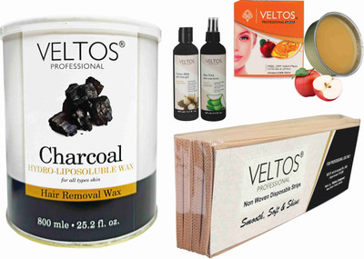 Veltos PROFESSIONAL BODY AND FACE WAXING KIT COMBO ( CHARCOAL HYDRO LIPOSOLUBLE BODY WAX 800ML & APPLE REGULAR FACIAL PEEL OFF KATORI WAX 80GM & COTTON MILK PRE WAX GEL 100ML & ALOE VERA AFTER WAX LOTION WAX 100ML & WAX STRIPS) Wax(1200 g, Set of 5)