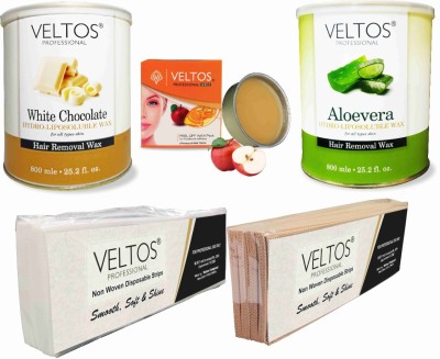 Veltos PROFESSIONAL ALOE VERA AND WHITE CHOCOLATE FACE AND BODY WAXING KIT FOR HAIR REMOVE ( ALOE VERA HYDRO LIPOSOLUBLE WAX 800ML, WHITE CHOCOLATE HYDRO LIPOSOLUBLE WAX 800ML, APPLE REGULAR PEEL OFF FACIAL KATORI WAX 80GM AND 2 PACK OF WAX STRIPS BROWN/WHITE ) Wax(1900 g, Set of 5)