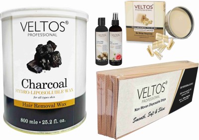 Veltos PROFESSIONAL FACE AND BODY WAXING KIT (CHARCOAL HYDRO LIPOSOLUBLE WAX 800ML & WHITE CHOCOLATE PEEL OFF KATORI WAX 80GM & COTTON MILK PRE-WAX GEL 100ML & ROSE AFTER WAX LOTION 100ML & PACK OF STRIPS) Wax(1200 g, Set of 5)