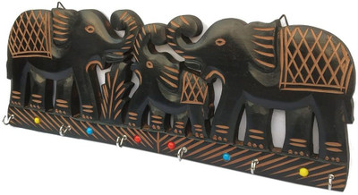Giftoshopee Wooden Beautiful Elephant Designed Key Hanger with 6 Hook,Carved Key Holder, Wall Decor Home and Office Wood Key Holder(6 Hooks, Brown)